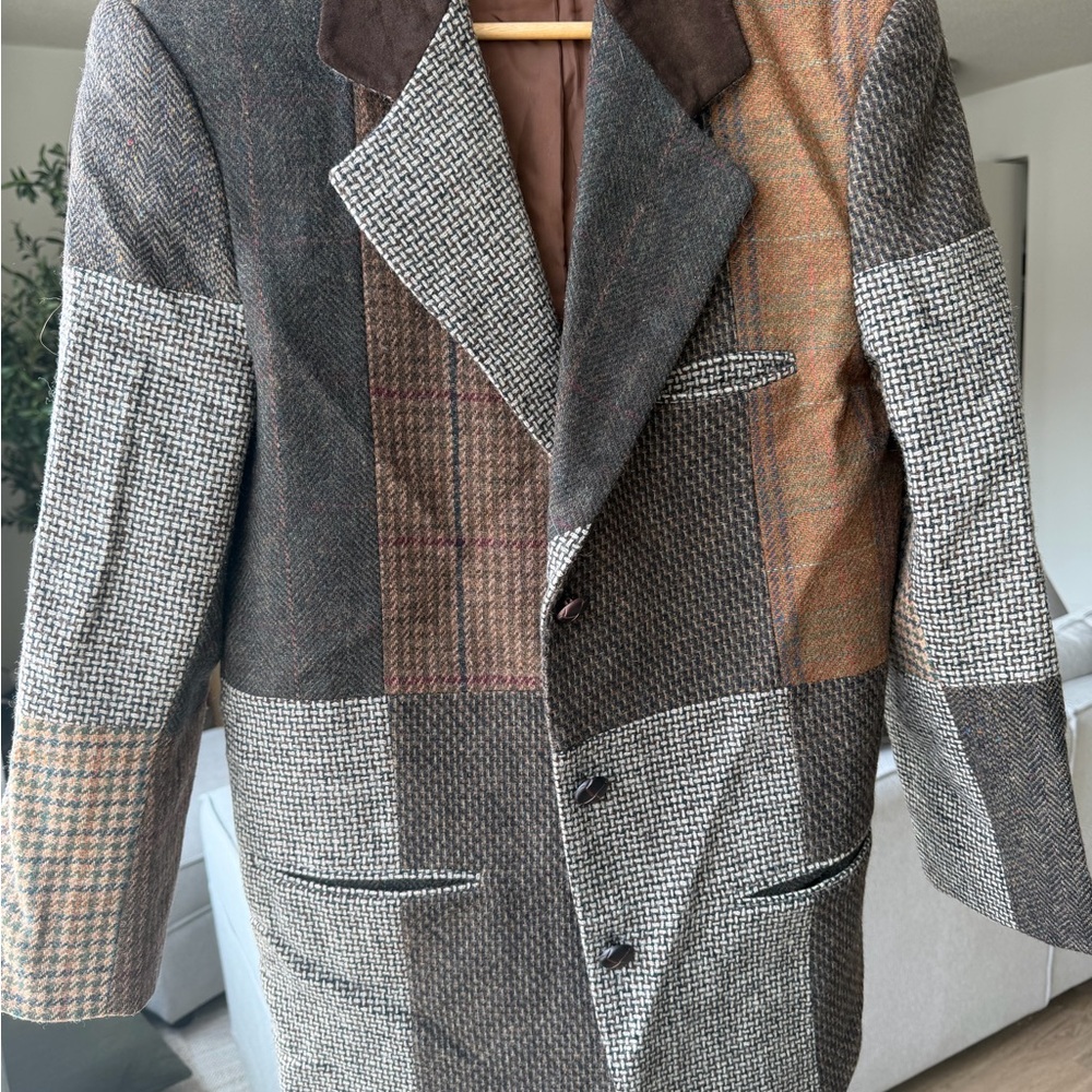 Patchwork Wool Blend Blazer in Brown & Gray Plaid